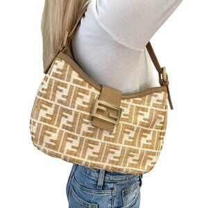 FENDI Vintage FF Logo Zucca Raffia Hobo Shoulder Bag Beige White  [106297]